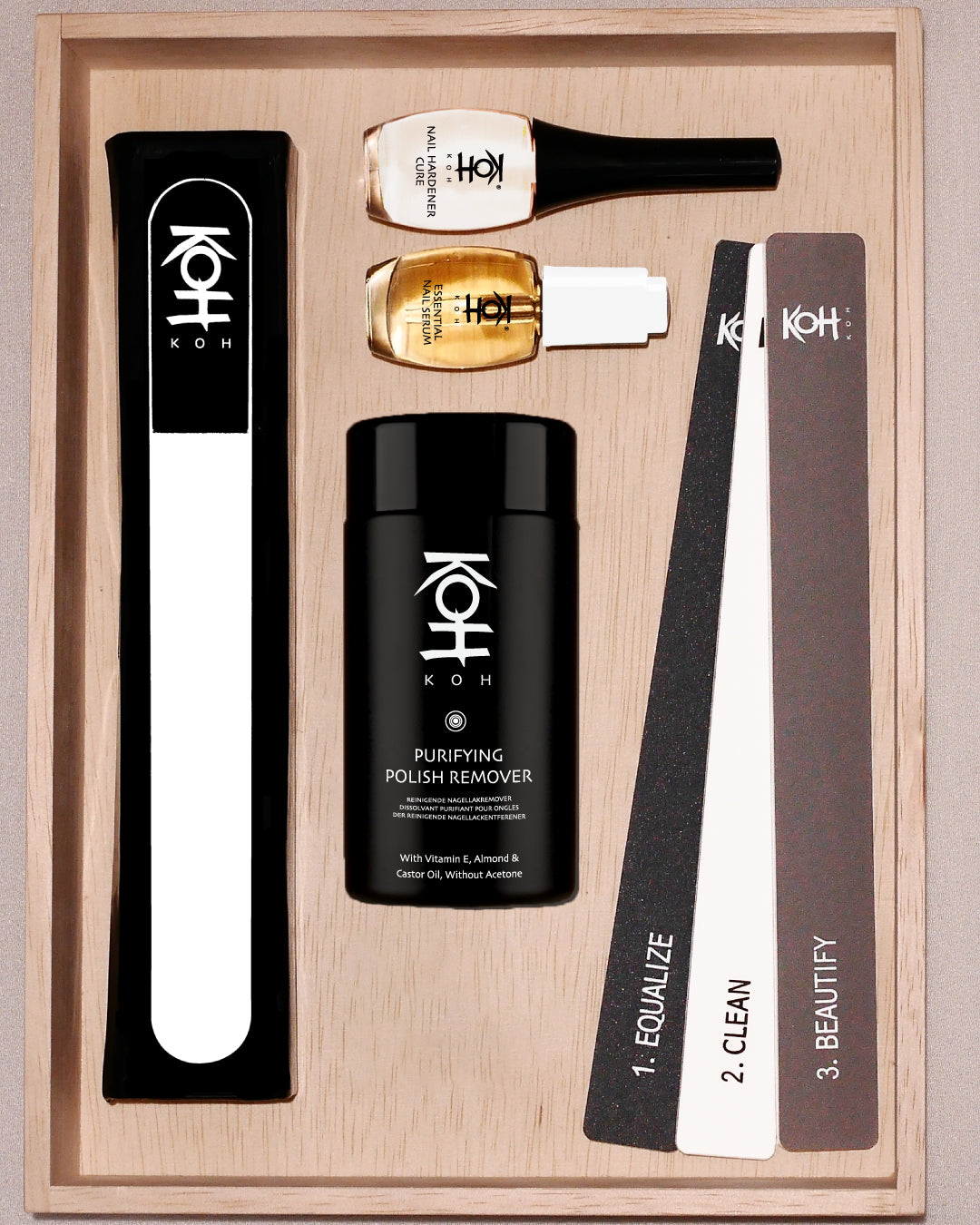 ネイルケアセット「爪のスキンケア・フルセットSP」。ネイルハードナーC、ネイルセラム、ポリッシュリムーバー、爪やすり、バッファーが含まれたセット。割れやすい爪の補強に最適。