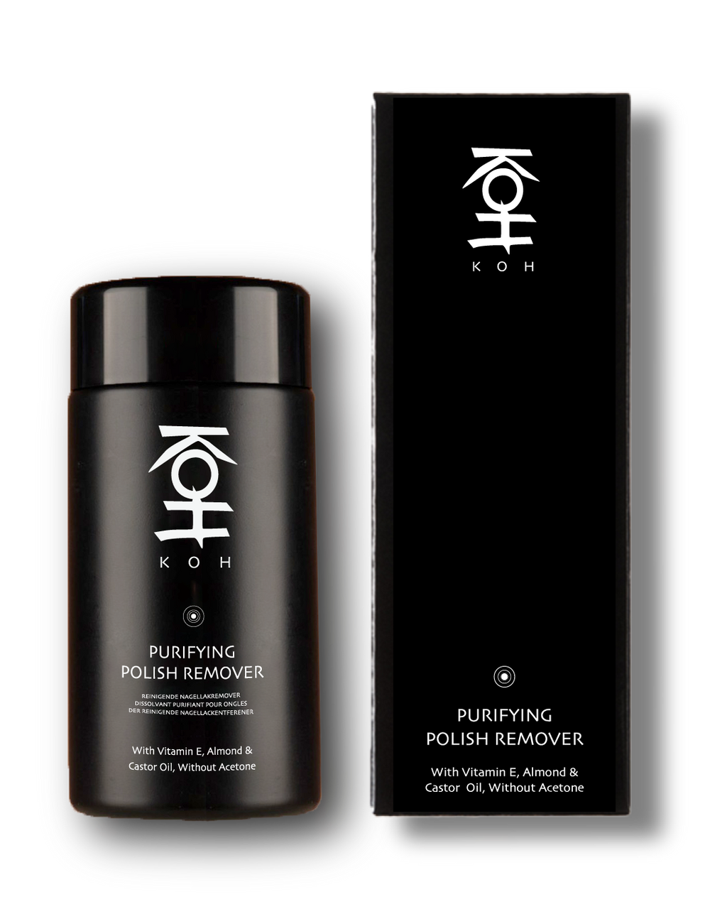 KOH ピュリファイング ポリッシュリムーバーとケース。爪を乾燥させずにマニキュアをやさしく落とす高保湿タイプの除光液。