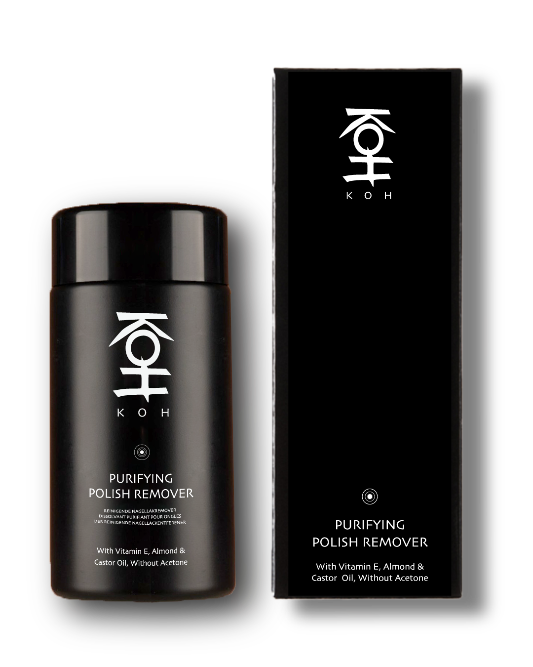 KOH ピュリファイング ポリッシュリムーバーとケース。爪を乾燥させずにマニキュアをやさしく落とす高保湿タイプの除光液。