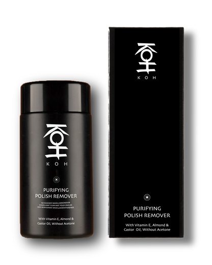 KOH ピュリファイング ポリッシュリムーバーとケース。爪を乾燥させずにマニキュアをやさしく落とす高保湿タイプの除光液。